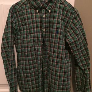 Boys Polo Shirt (Green/Navy Plaid Size M 10-12)